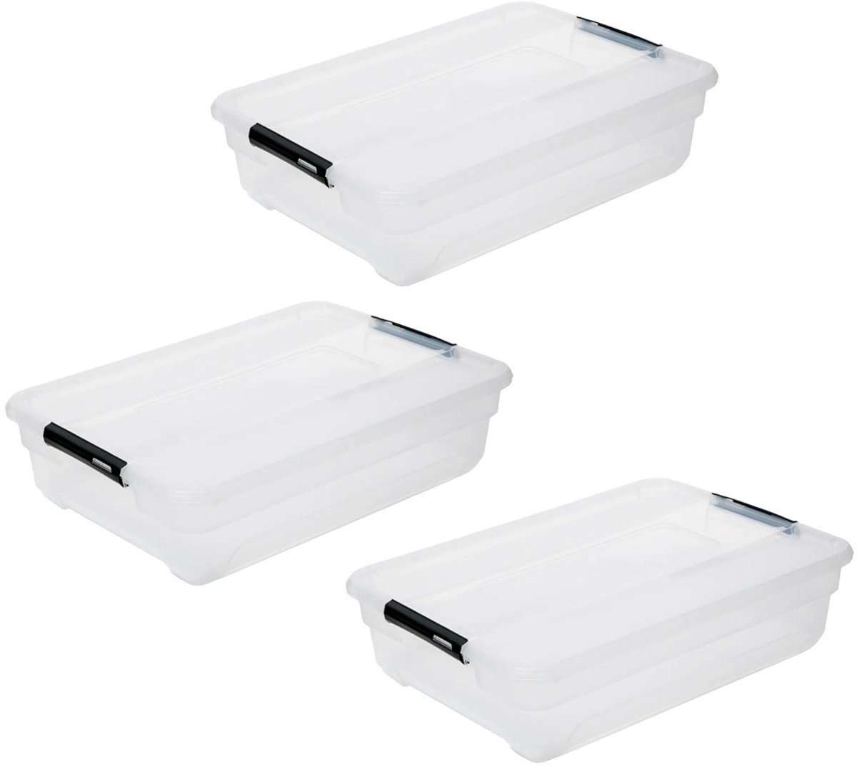 5Five® 5Five opberg kist met deksel - 3x - Solutions Box - 38 liter - 67 x 48 x 17 cm - kunststof - transparant