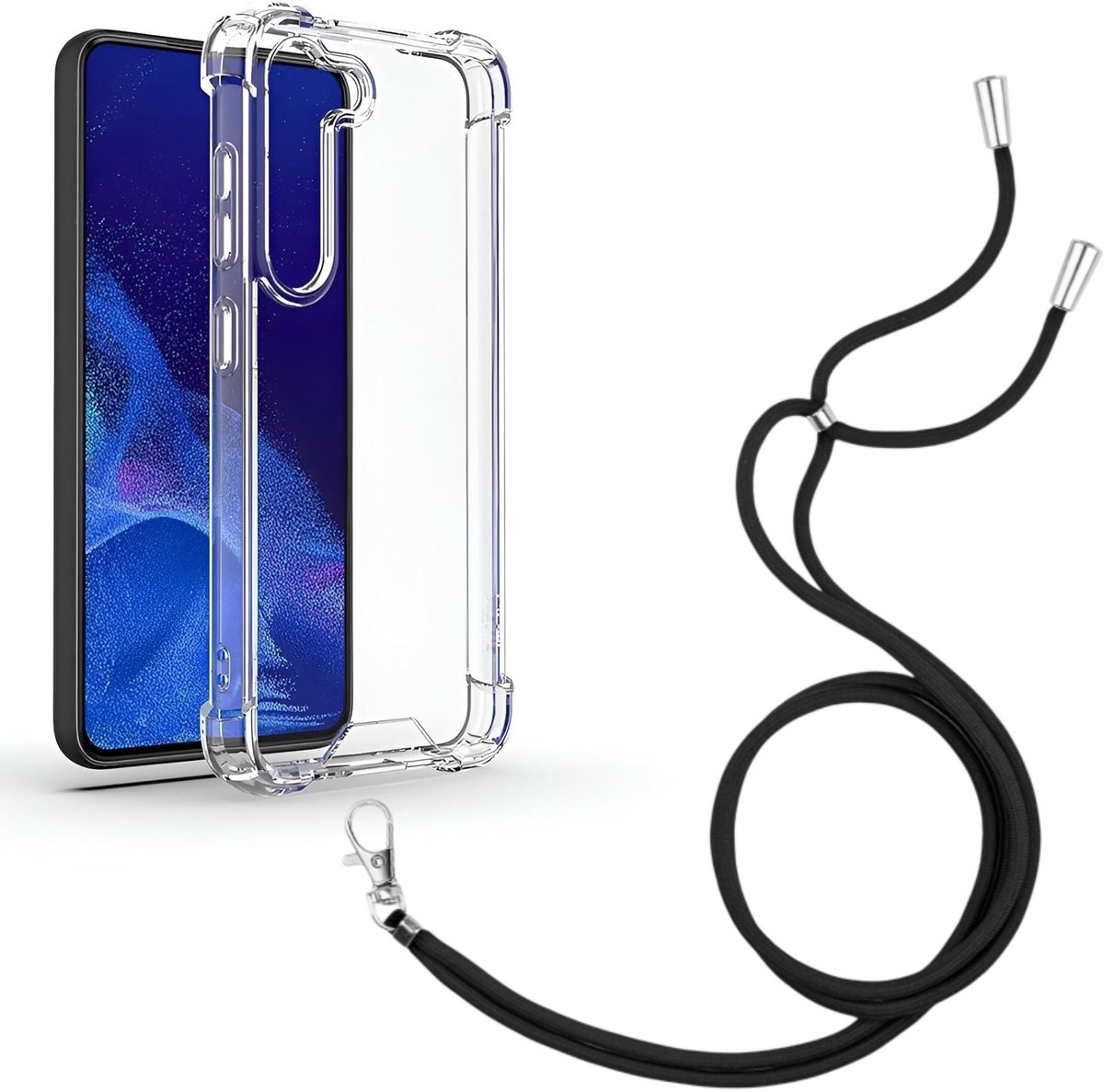 Shock Proof Case Hoes Geschikt voor Samsung Galaxy S23 Hoesje Transparant Met universele Telefoonkoord zwart - Cover - Nek Hanger - Koord Hoes