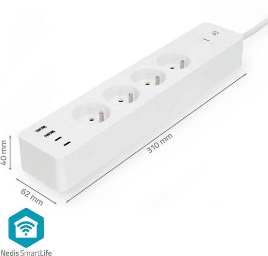 Witte stekkerdoos met vier stopcontacten en drie USB-poorten. Afmetingen: 310 x 62 x 40 mm.