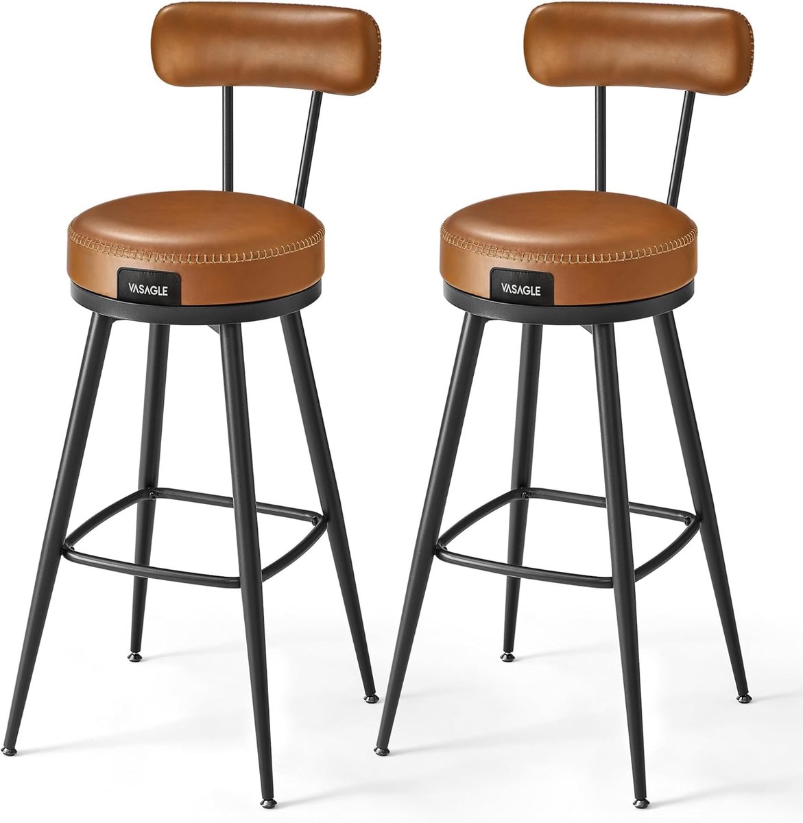 Furnstar - Barkruk set van 4 - 360° draaibare barkruk - Kruk met rugleuning voor bartafel - Kunstleer met naden - Mid-Century moderne stijl - 76 cm hoog - Keuken huisbar - Karamelbruin
