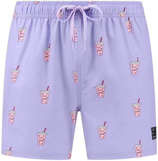 Lila zwembroek met roze milkshakedessin en trekkoord.