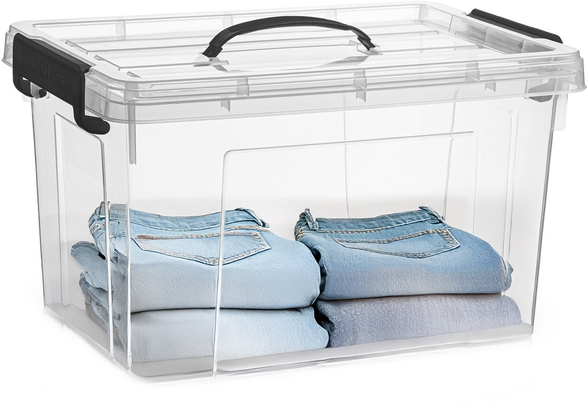 PLASTICFORTE Opslagbox - met deksel - transparant grijs - 18.5 liter - 42 x 30 x 24 cm - kunststof - opbergdoos - opbergen