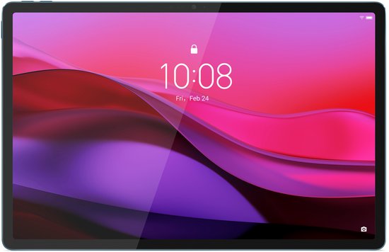 Blauwgrijze tablet met een roze-paarse achtergrond en tijd 10:08.