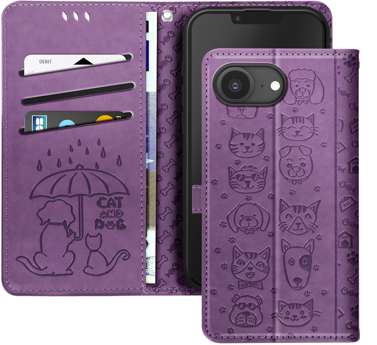 Avizar Hoesje Geschikt voor Apple iPhone 16e Design Cat and Dog Clap Wallet, Paars