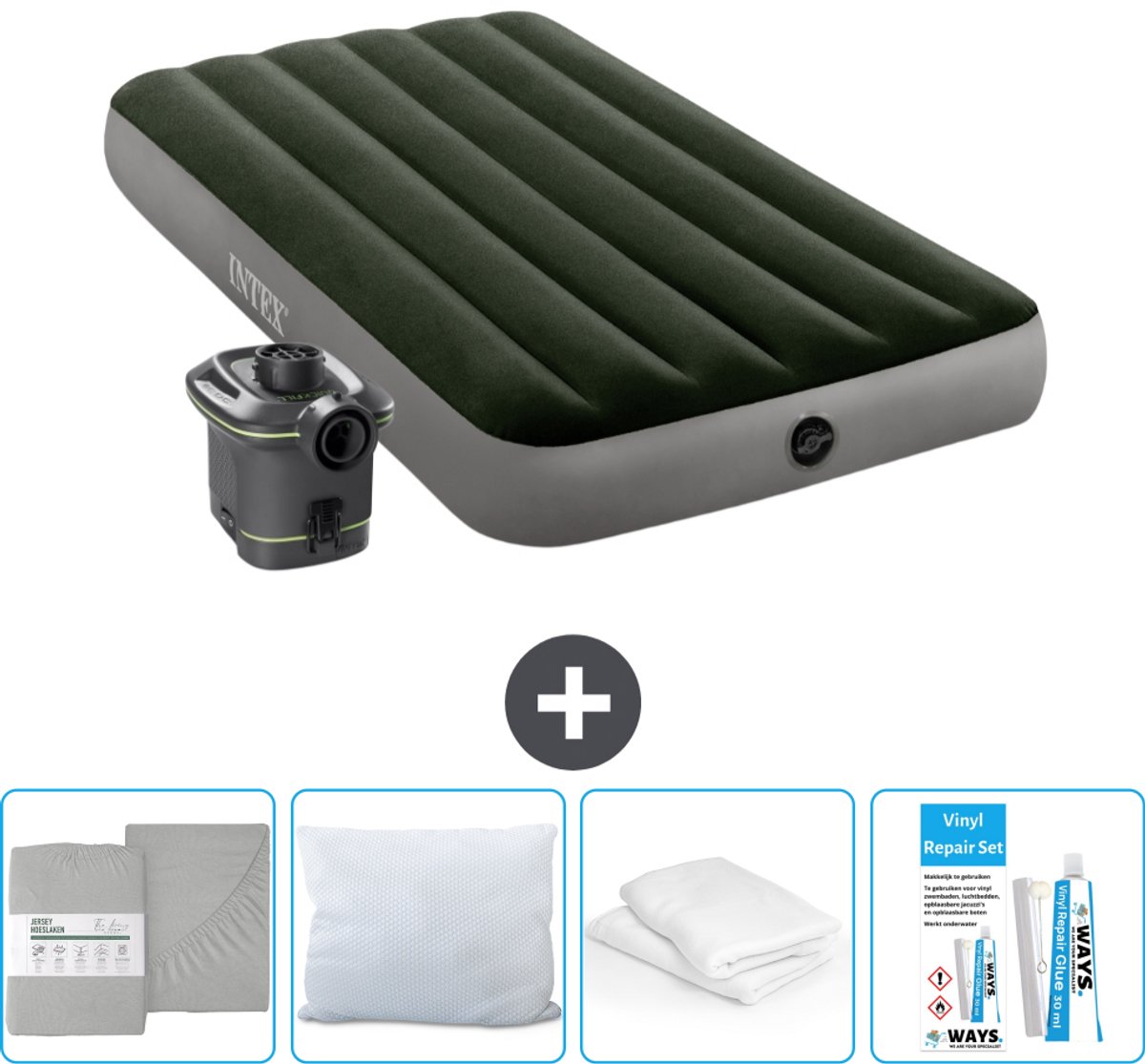 Intex Luchtbed - 1-Persoons - 99 x 191 x 25 cm - Groen - Inclusief pomp - Hoeslaken - Kussen - Reparatieset en Kussenbeschermer