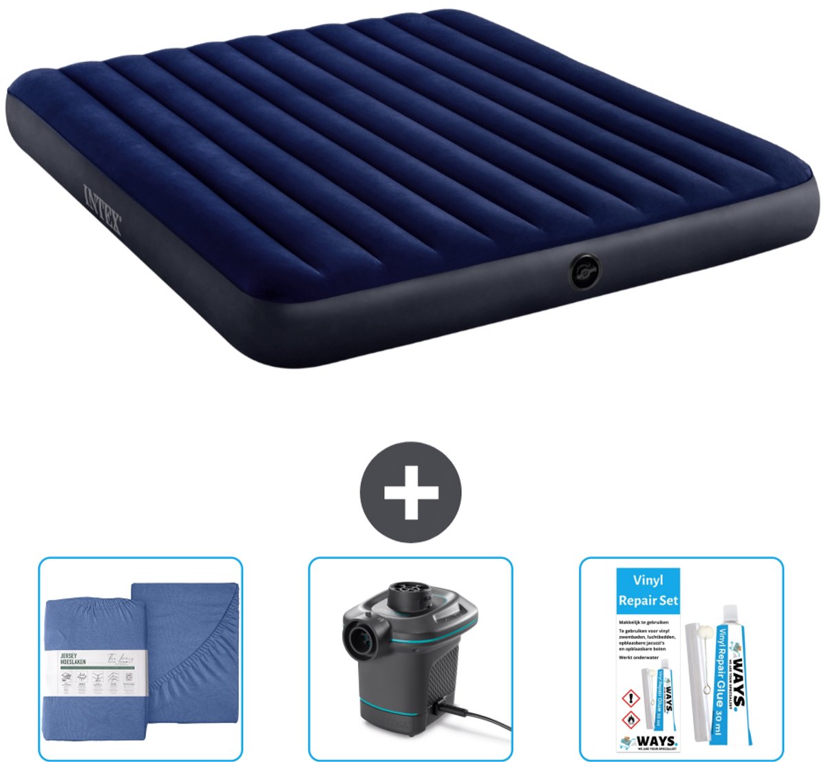 Intex Luchtbed - 2-Persoons - 183 x 203 x 25 cm - Blauw - Inclusief Hoeslaken - Pomp en Reparatieset