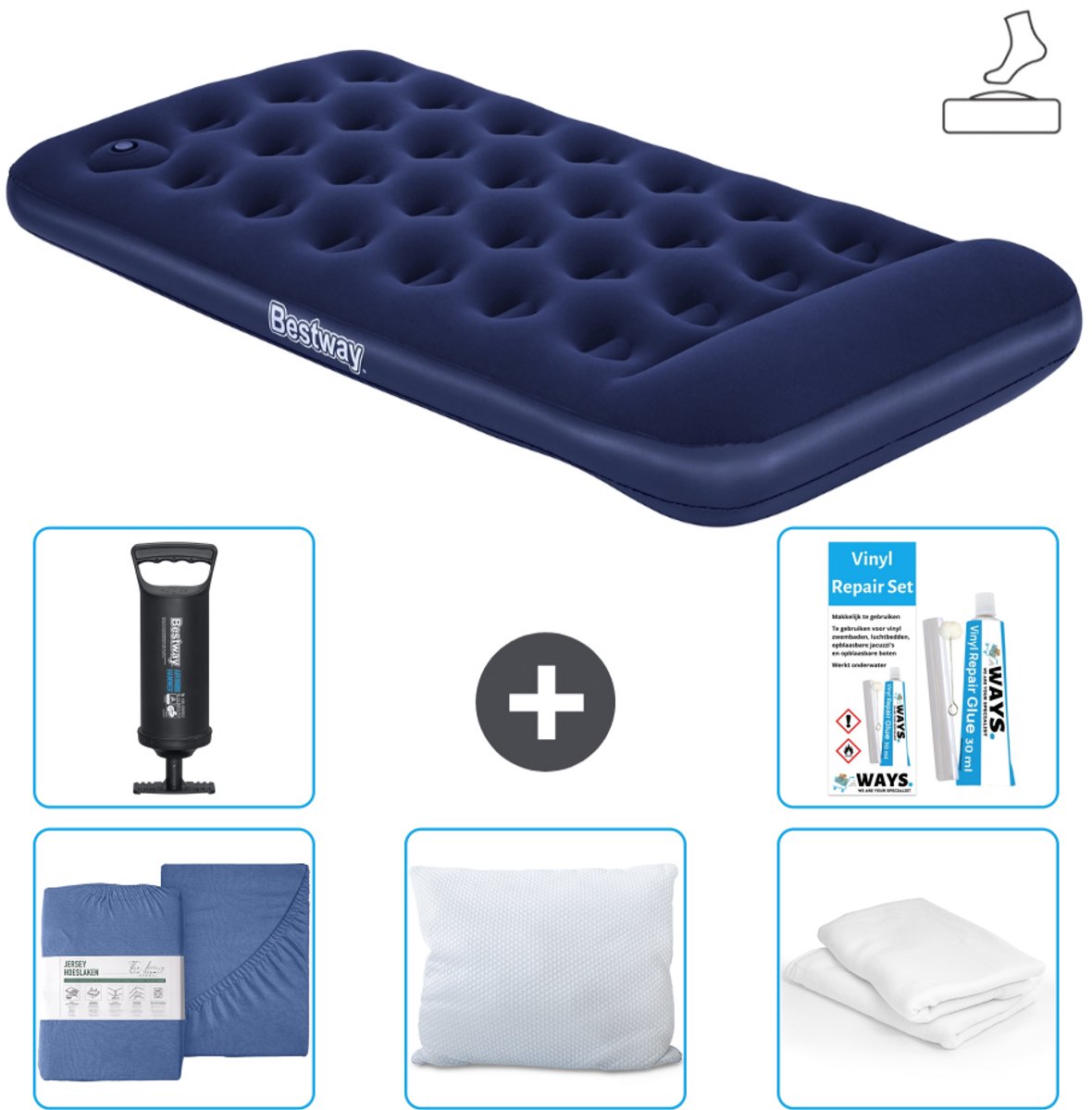Bestway luchtbed - 1-Persoons - 99 x 188 x 28 cm - Blauw - Inclusief pomp - Hoeslaken - Kussen - Kussenbeschermer - Pomp en Reparatieset