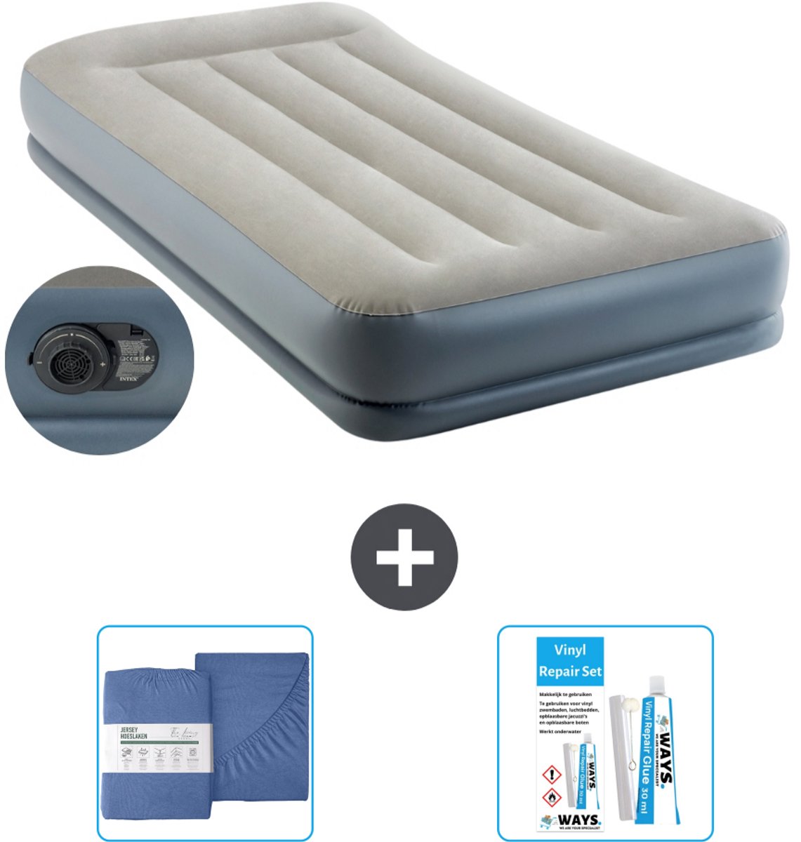 Intex Luchtbed - 1-Persoons - 99 x 191x 30 cm - Grijs - Inclusief pomp - Hoeslaken en Reparatieset