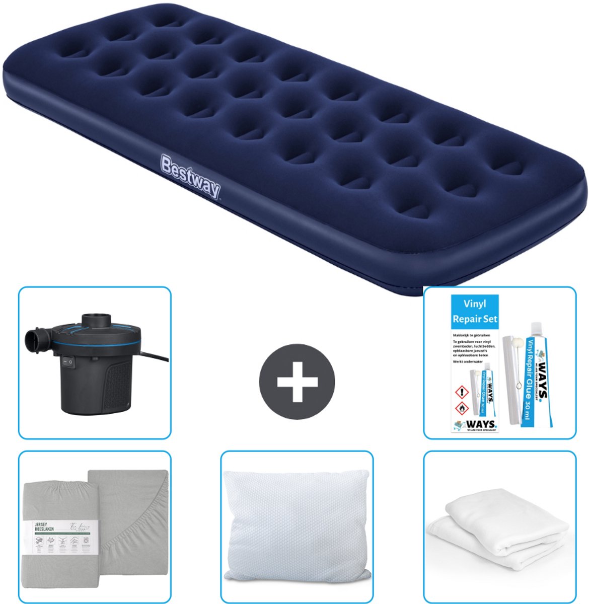 Bestway luchtbed - 1-Persoons - 76 x 185 x 22 cm - Blauw - Inclusief Hoeslaken - Kussen - Kussenbeschermer - Pomp en Reparatieset