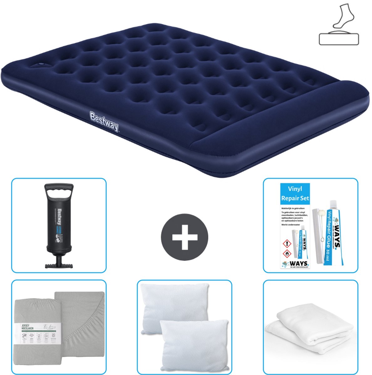 Bestway luchtbed - 2-Persoons - 152 x 203 x 28 cm - Blauw - Inclusief pomp - Hoeslaken - Kussen - Kussenbeschermer - Pomp en Reparatieset