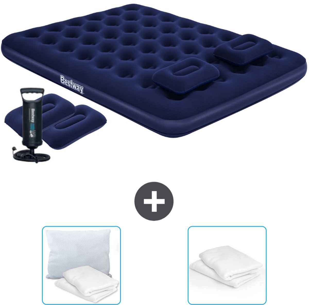 Bestway luchtbed - 2-Persoons - 152 x 203 x 22 cm - Blauw - Inclusief handpomp - kussens - Kussen en Kussenbeschermer