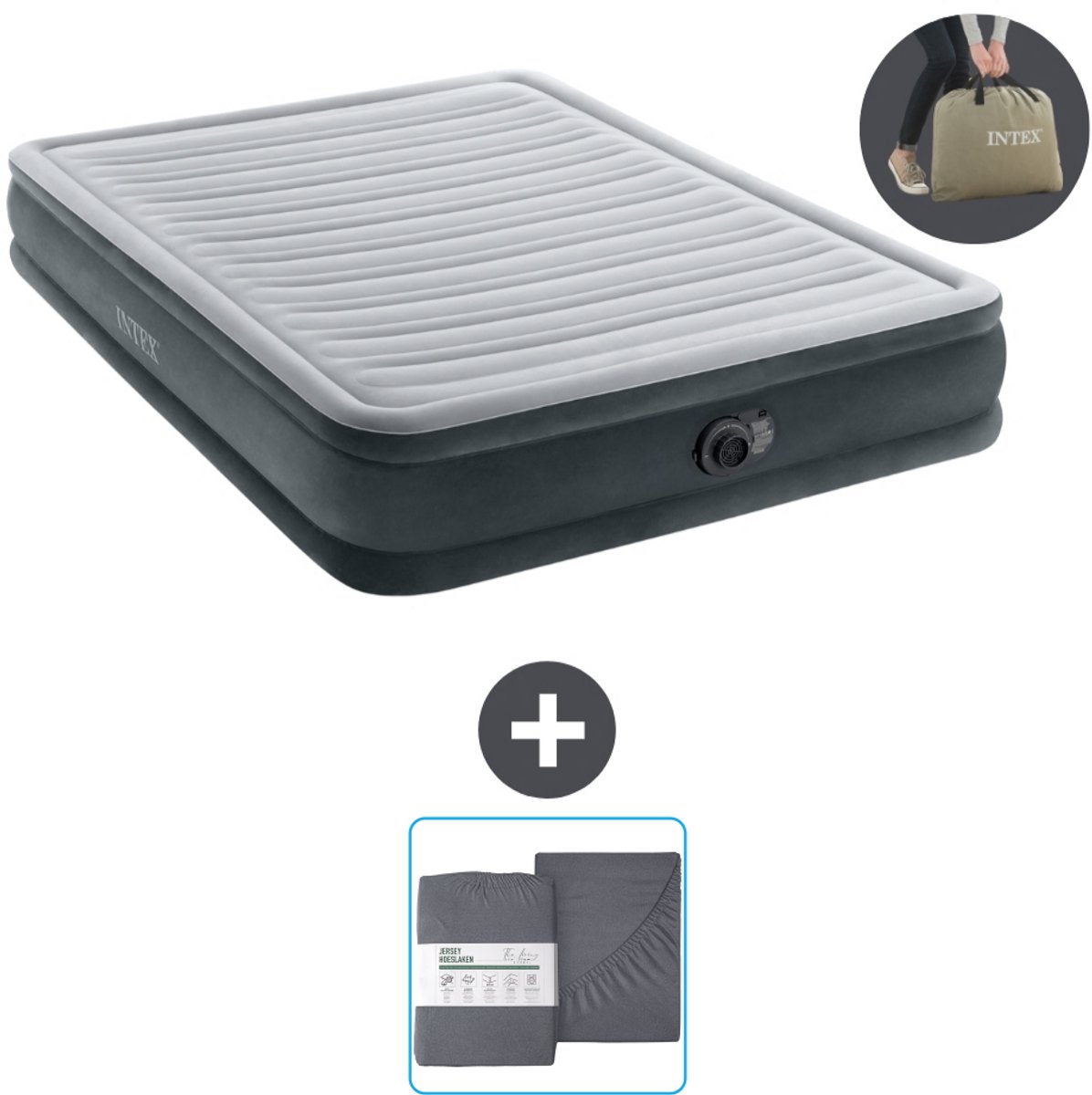 Intex Luchtbed - 2-Persoons - 152 x 203 x 33 cm - Grijs - Inclusief pomp en Hoeslaken