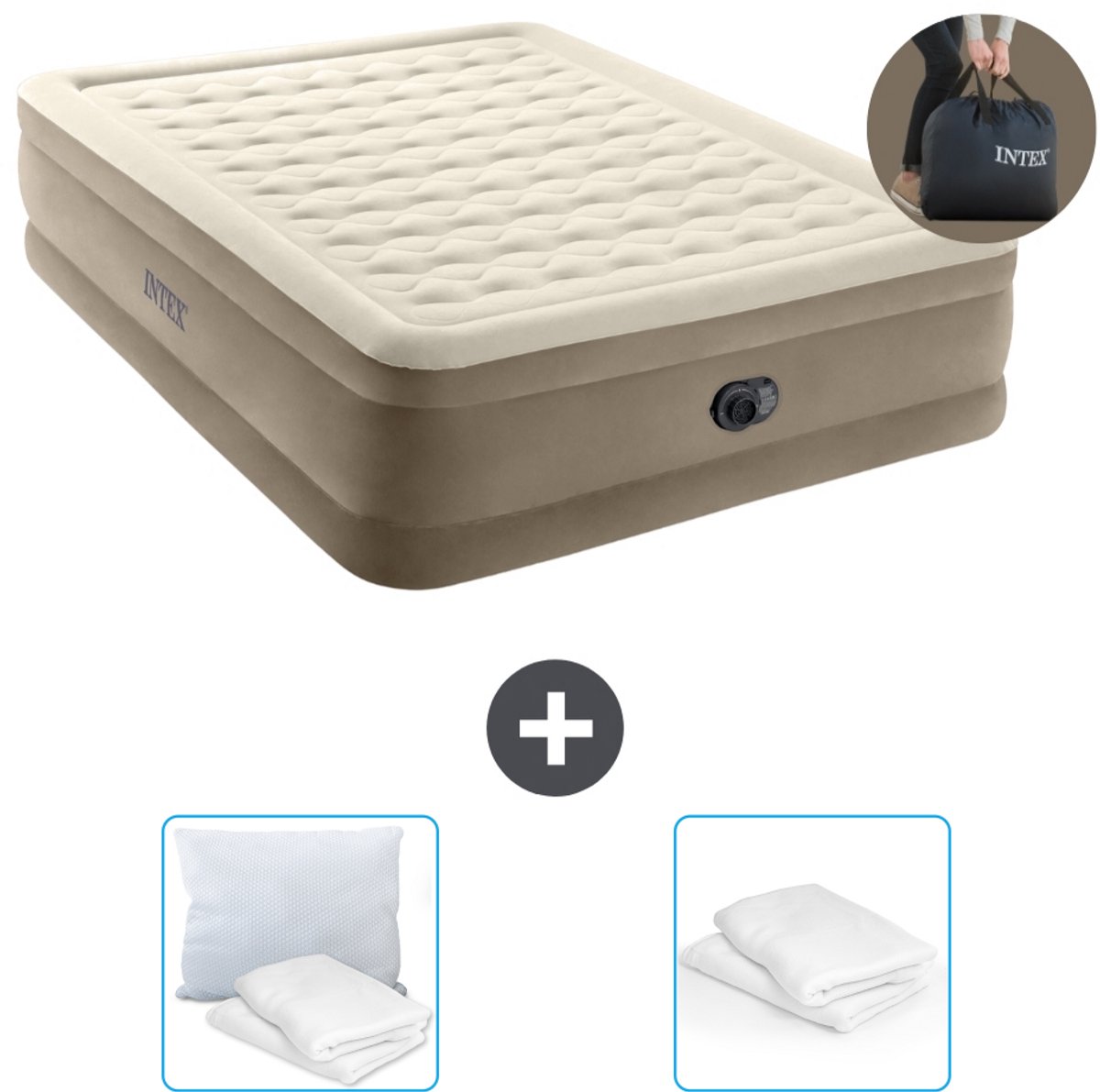 Intex Luchtbed - 2-Persoons - 152 x 203 x 46 cm - Beige - Inclusief pomp - Kussen en Kussenbeschermer