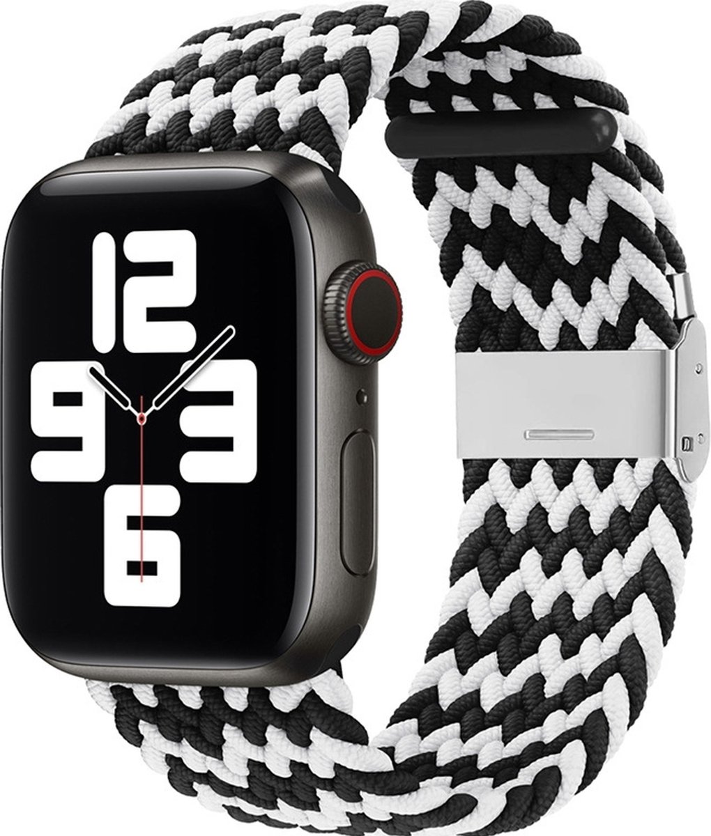 Mobigear Nylon Watch bandje geschikt voor Apple Watch Bandje Klemsluiting | Mobigear Braided - 49/46/45/44 mm - Zwart / Wit