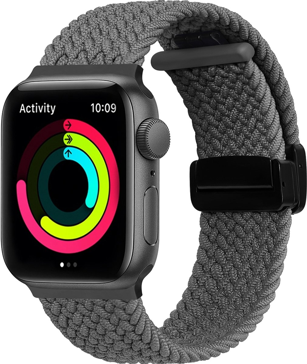 Mobigear Nylon Watch bandje geschikt voor Apple Watch Bandje Magneetsluiting | Mobigear Braided Mag - 49/46/45/44 mm - Grijs