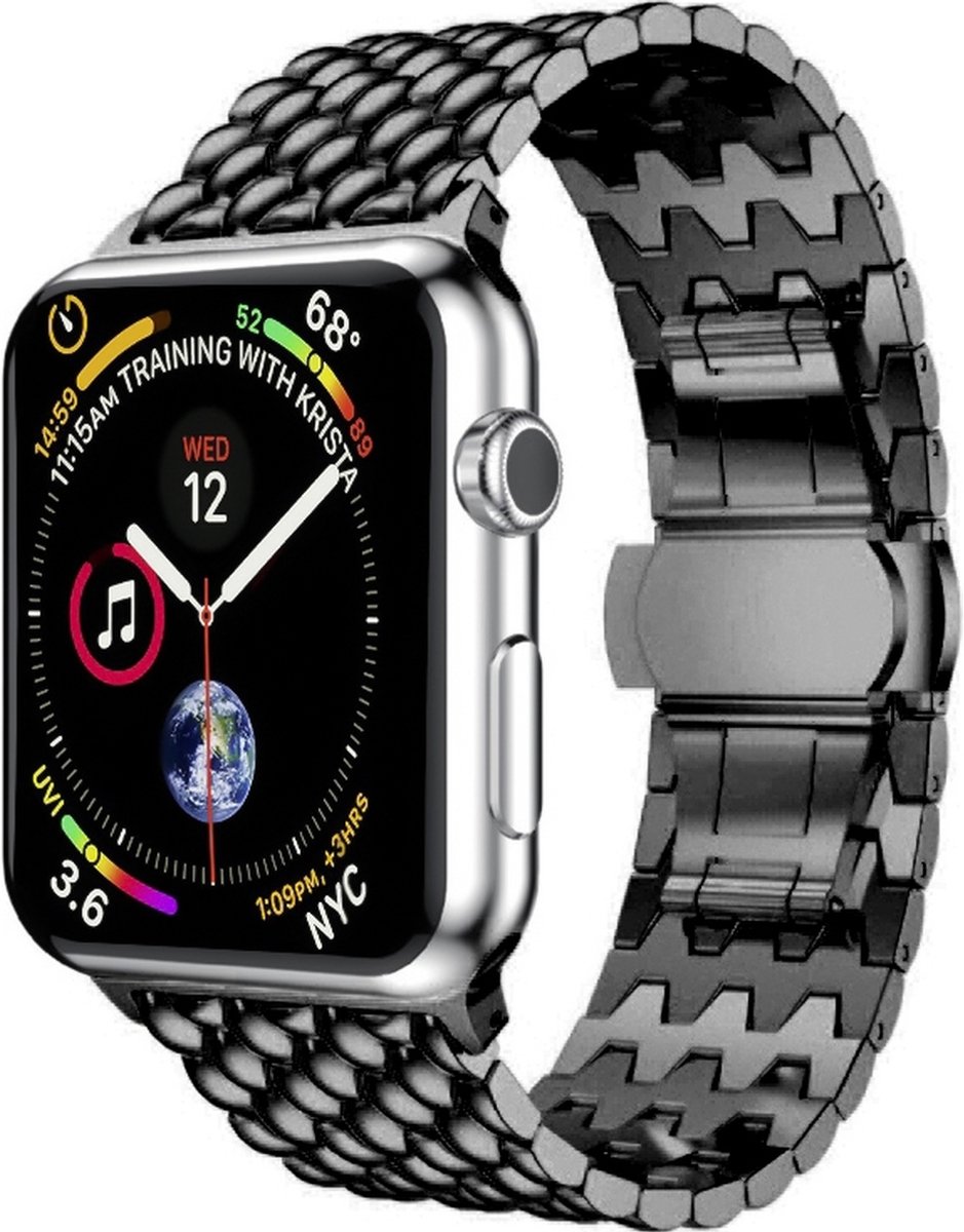 Mobigear Stalen Watch bandje geschikt voor Apple Watch Bandje Vouwsluiting | Mobigear Dragon - 49/46/45/44 mm - Zwart