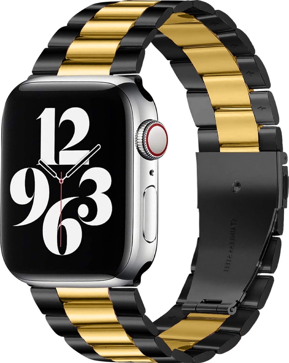 Mobigear Stalen Watch bandje geschikt voor Apple Watch Bandje Vouwsluiting | Mobigear Antwerp - 49/46/45/44 mm - Zwart / Goud