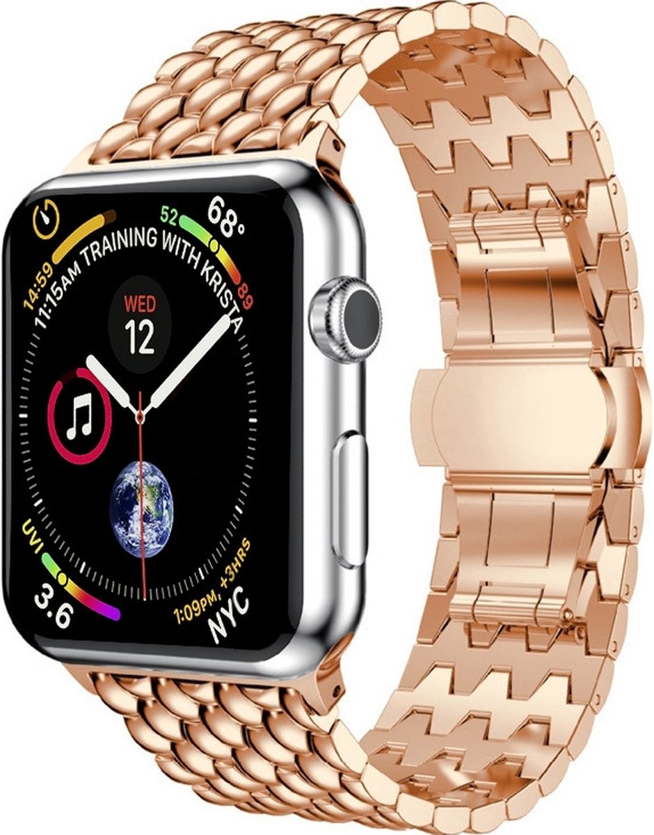 Mobigear Stalen Watch bandje geschikt voor Apple Watch Bandje Vouwsluiting | Mobigear Dragon - 49/46/45/44 mm - Roségoud