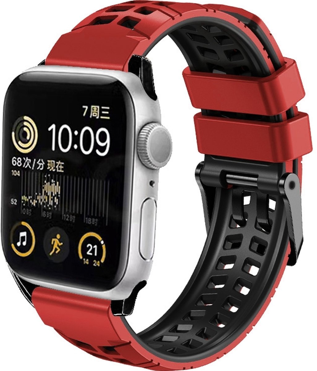 Mobigear Siliconen Watch bandje geschikt voor Apple Watch Bandje Gespsluiting | Mobigear Aero Armor - 42/41/40/38 mm - Rood / Zwart
