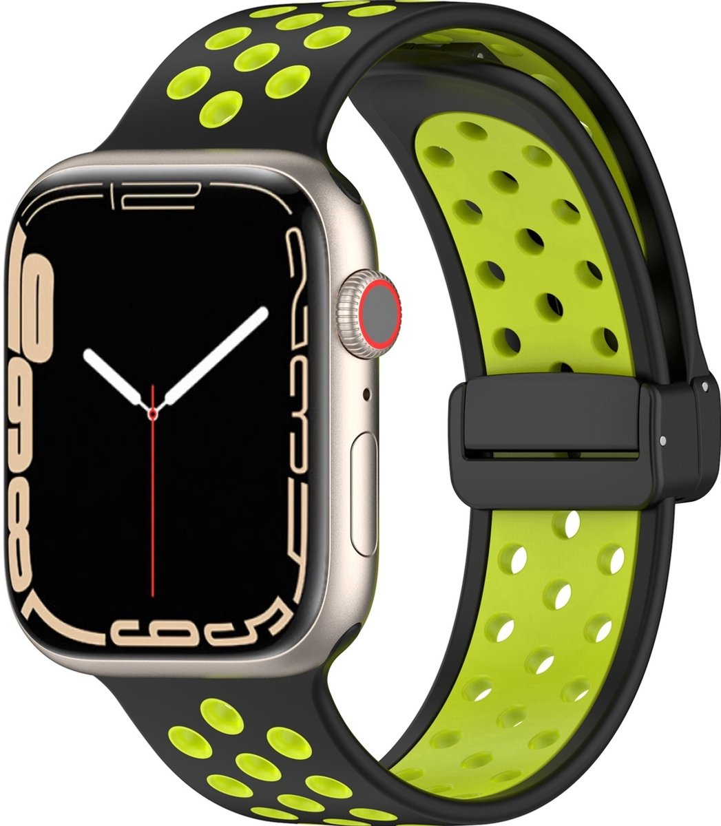 Mobigear Siliconen Watch bandje geschikt voor Apple Watch Bandje Magneetsluiting | Mobigear Sport Plus Mag - 42/41/40/38 mm - Zwart / Groen