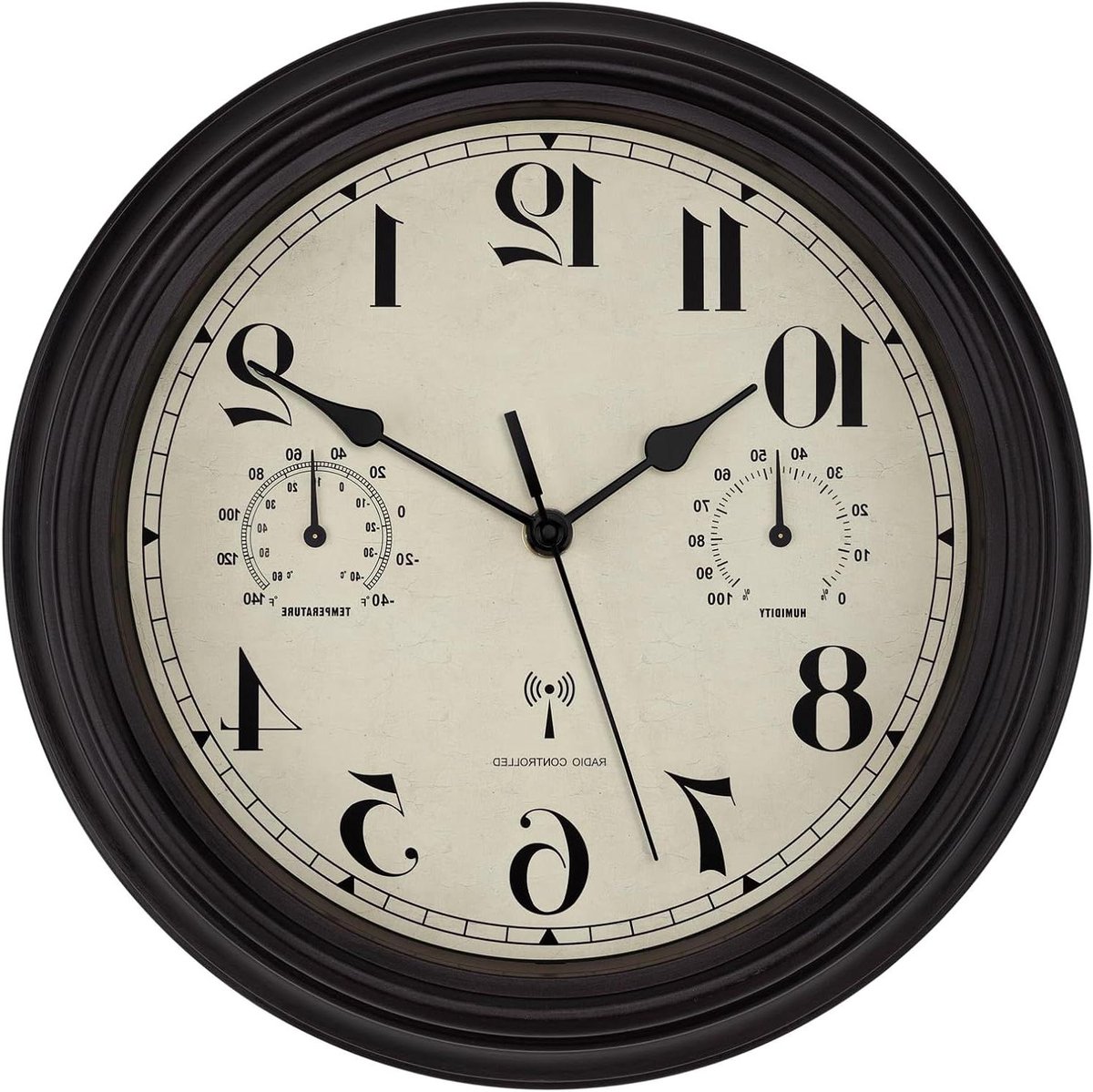 Wandklok voor binnen en buiten met temperatuurweergave en hygrometer, draadloos en weerbestendig, geruisloos retro design voor terras, badkamer en keuken