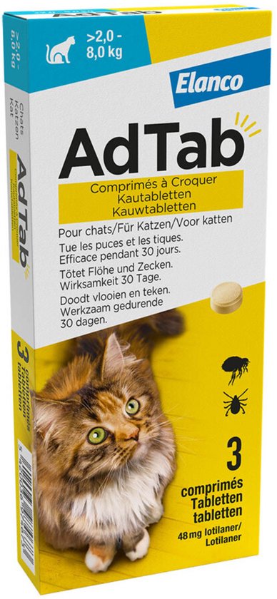 Doos AdTab kauwtabletten voor katten van 8kg. Bevat 3 tabletten. Met een bruin-witte kat erop.