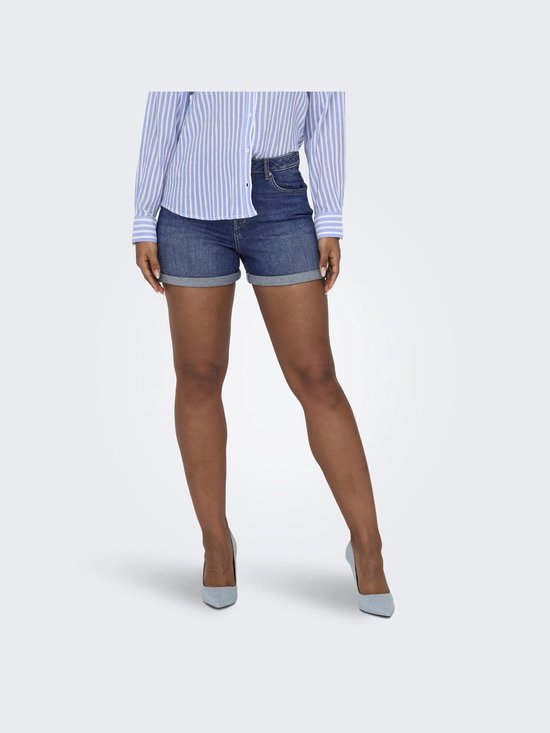 Model draagt een blauwgestreepte blouse en denim shorts met opgerolde zoom.