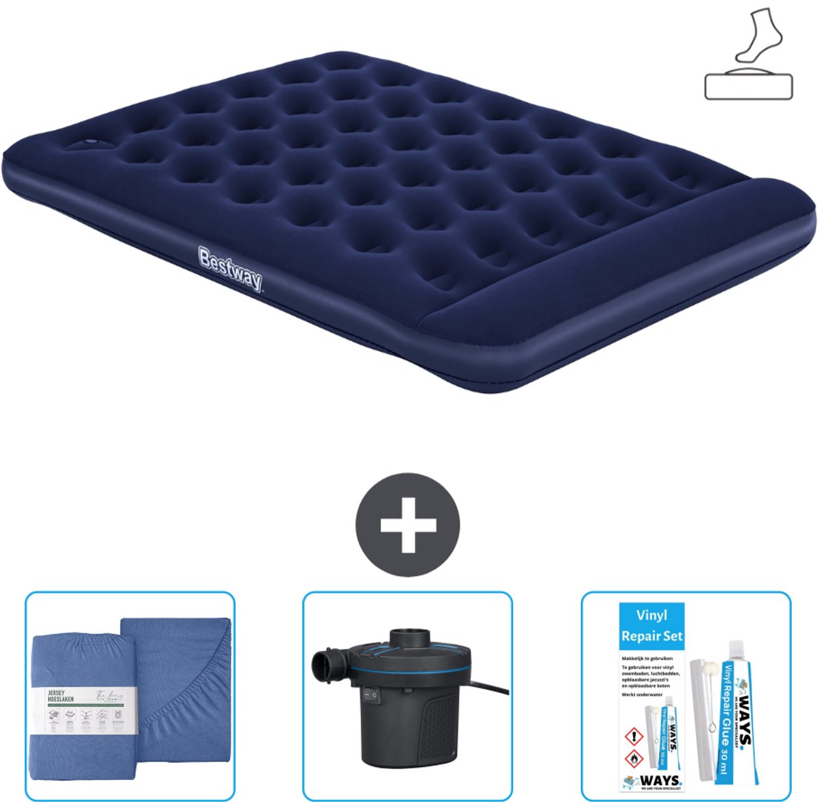 Bestway luchtbed - 2-Persoons - 152 x 203 x 28 cm - Blauw - Inclusief pomp - Hoeslaken - Pomp en Reparatieset