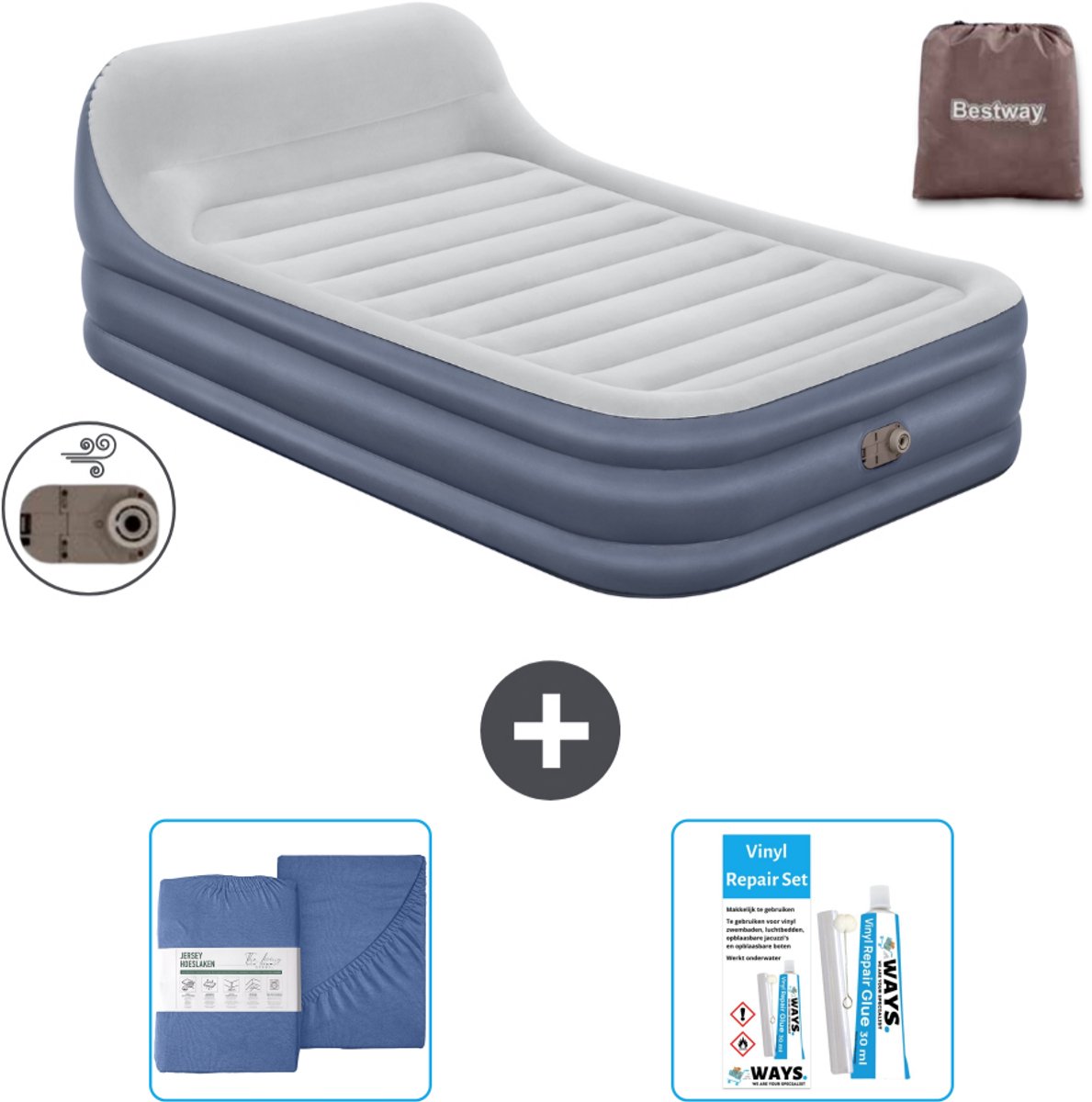 Bestway luchtbed - 2-Persoons - 152 x 226 x 46 cm - Grijs - Inclusief pomp - Hoeslaken en Reparatieset