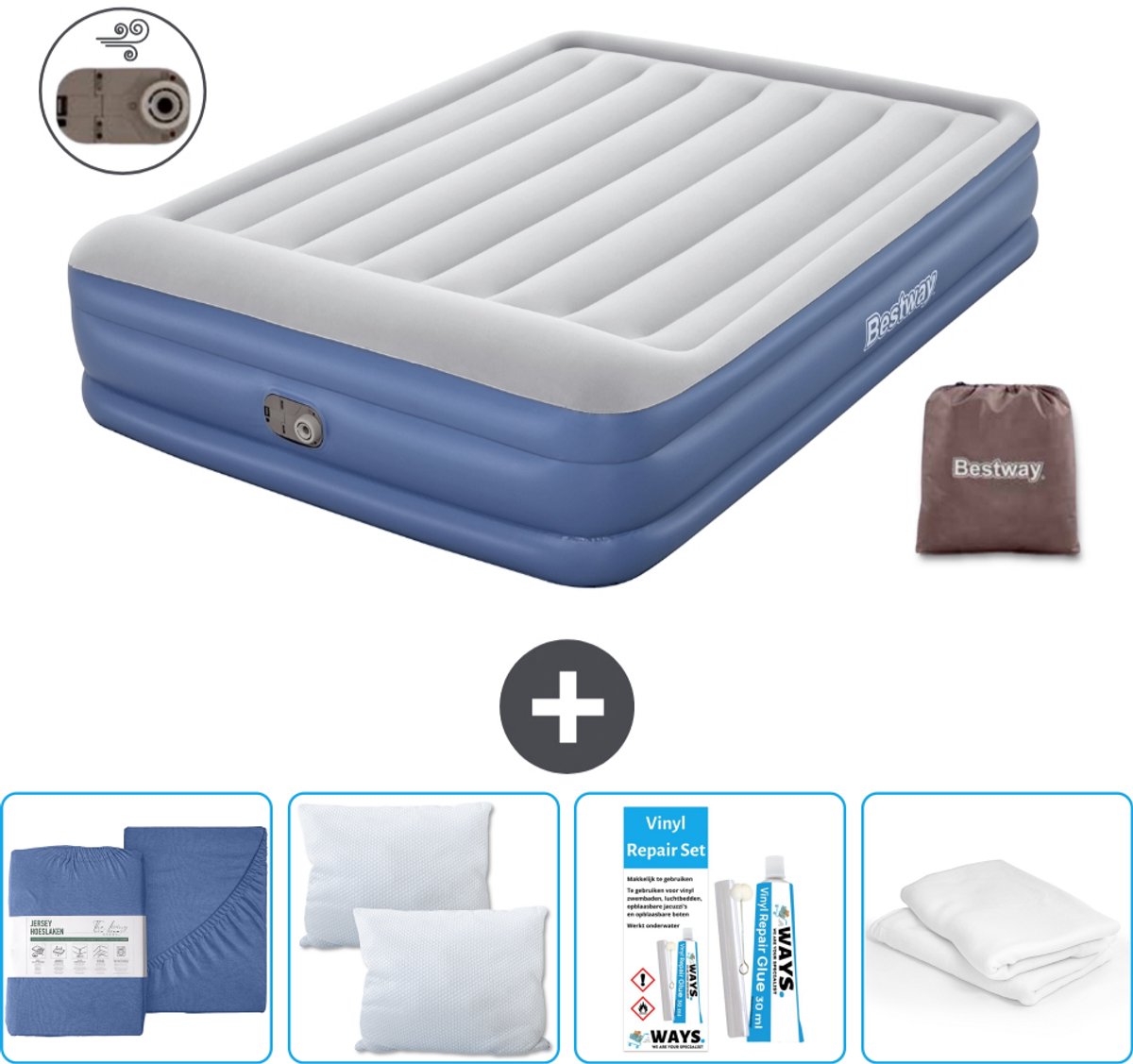Bestway luchtbed - 2-Persoons - 152 x 203 x 46 cm - Grijs/Blauw - Inclusief pomp - Hoeslaken - Kussen - Kussenbeschermer en Reparatieset
