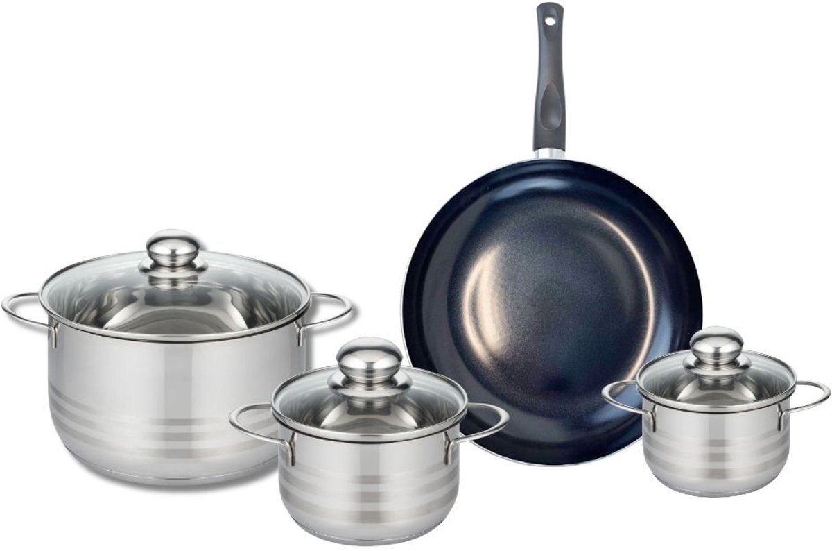 Set van 1 Koekenpan 24 cm en 3 kookpotten 12, 14 en 20 cm Elo Prima Glanzend