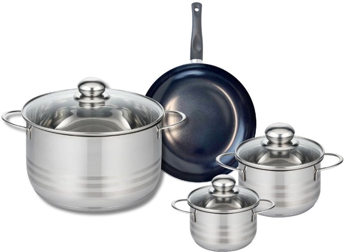 Set van 1 Koekenpan 20 cm en 3 kookpotten 12, 14 en 24 cm Elo Prima Glanzend