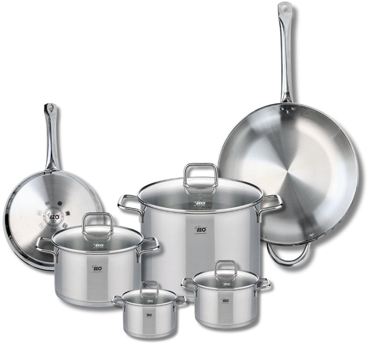Set van 2 Koekenpannen 24 en 32 cm en 4 kookpotten 12, 14, 20 en 26 cm Elo Profi Citrin