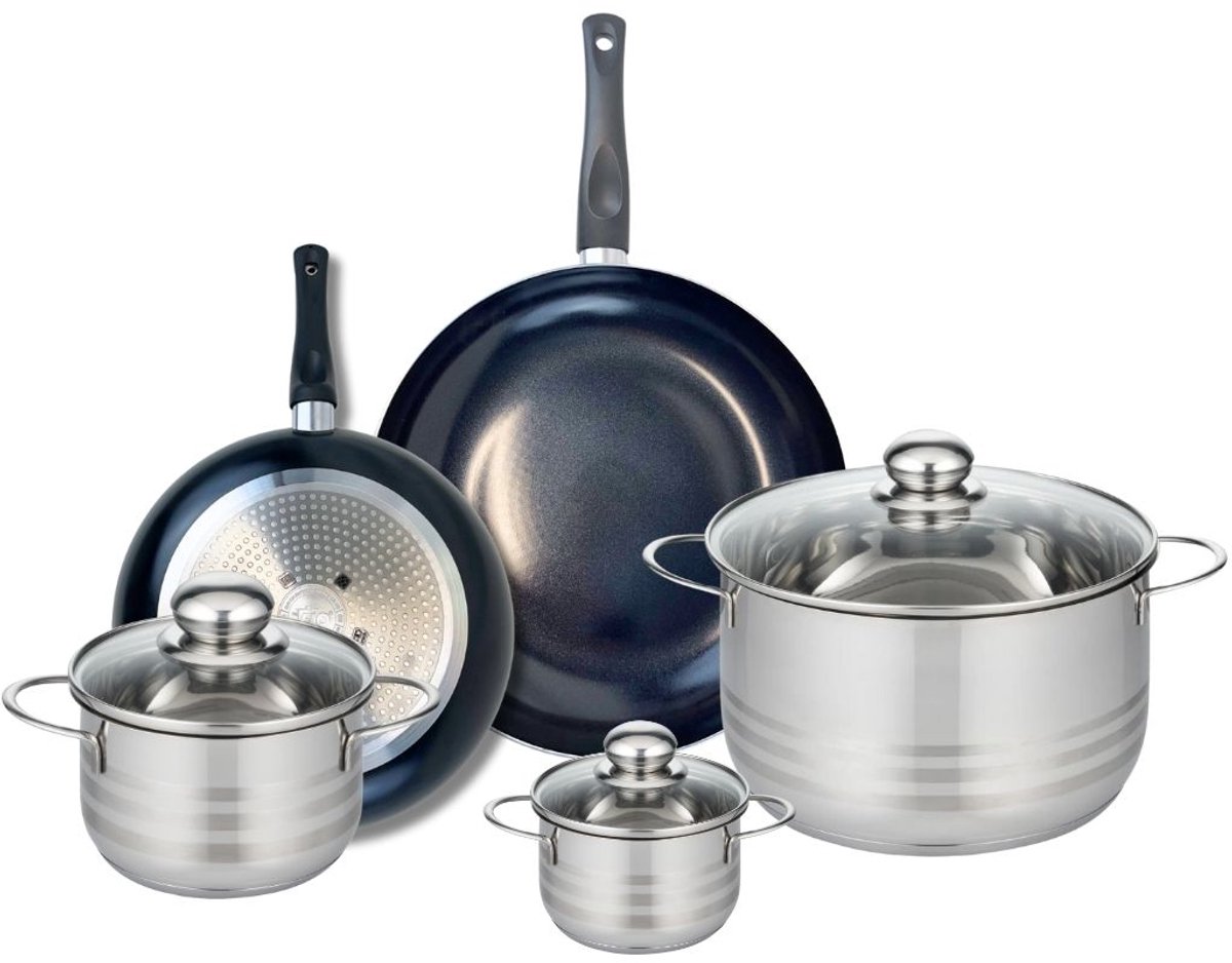 Set van 2 Koekenpannen 24 en 28 cm en 3 Kookpotten 12, 16 en 24 cm Elo Prima Glanzend