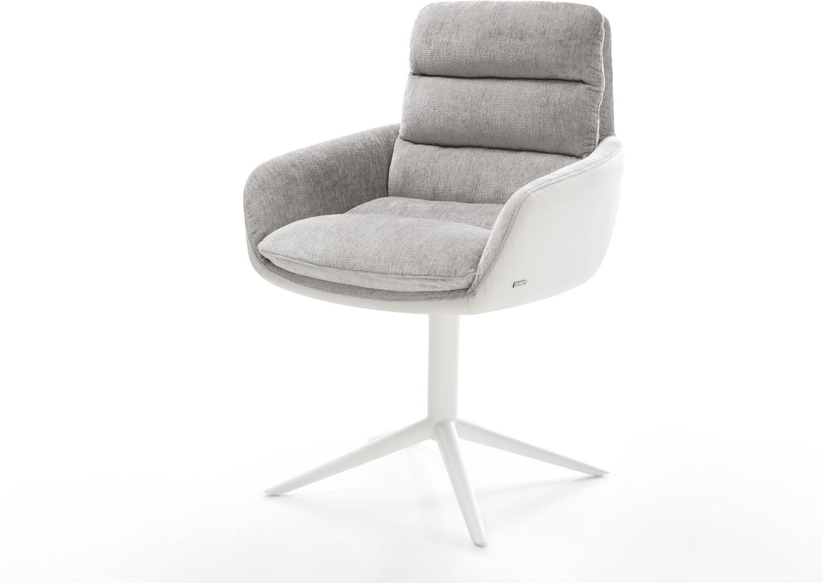Eetkamerstoel Abelia-Flex met armleuning kruispoot wit materiaalmix echt leer wit-zilver g