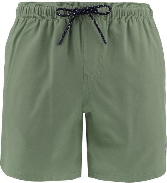 Maillot de bain vert kaki avec cordon noir et blanc, coutures apparentes et logo sur l'ourlet.