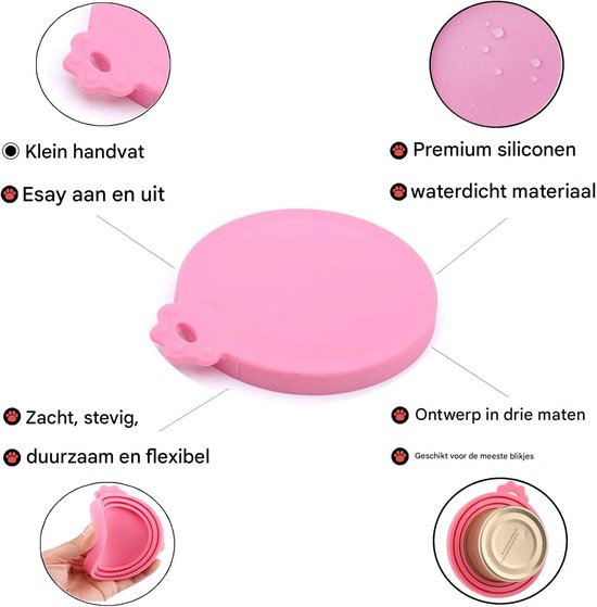 Roze siliconen blikdeksel met gedetailleerde eigenschappen, inclusief een handvat, waterdicht materiaal en afmetingen.