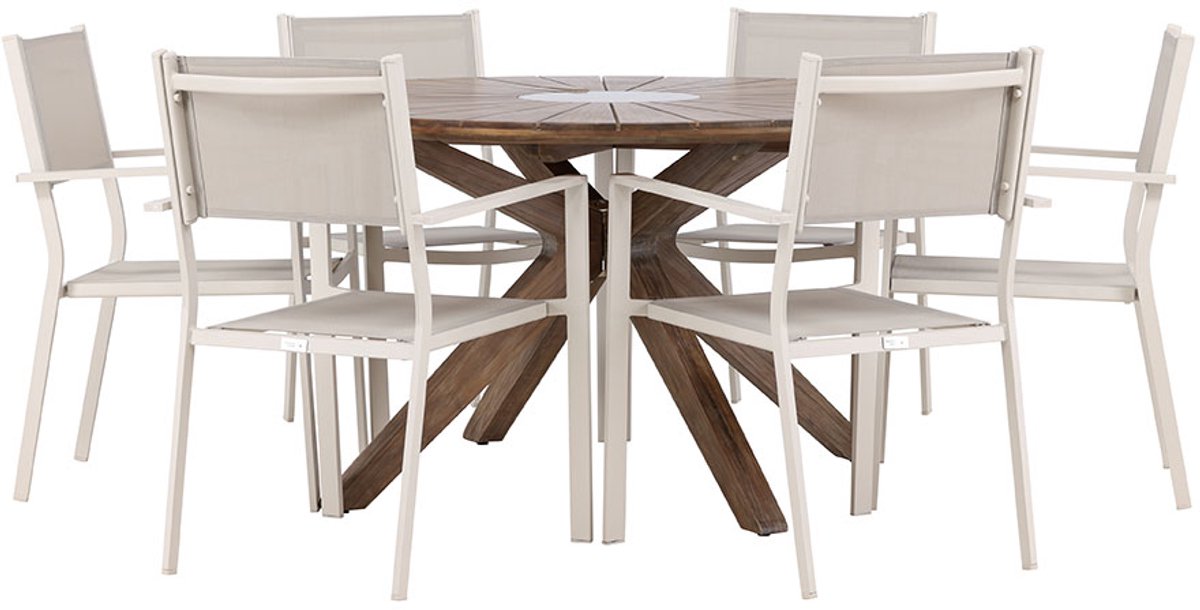Rosario tuinmeubelset tafel Ø140cm bruin, 6 stoelen beige.