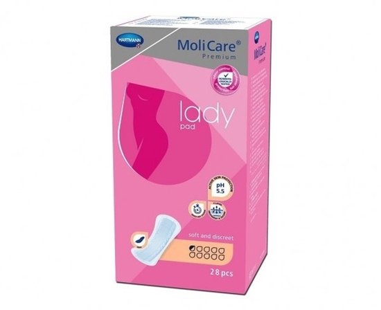 Roze verpakking van MoliCare lady pads met 28 stuks, 14 pcs per 2 pakken.