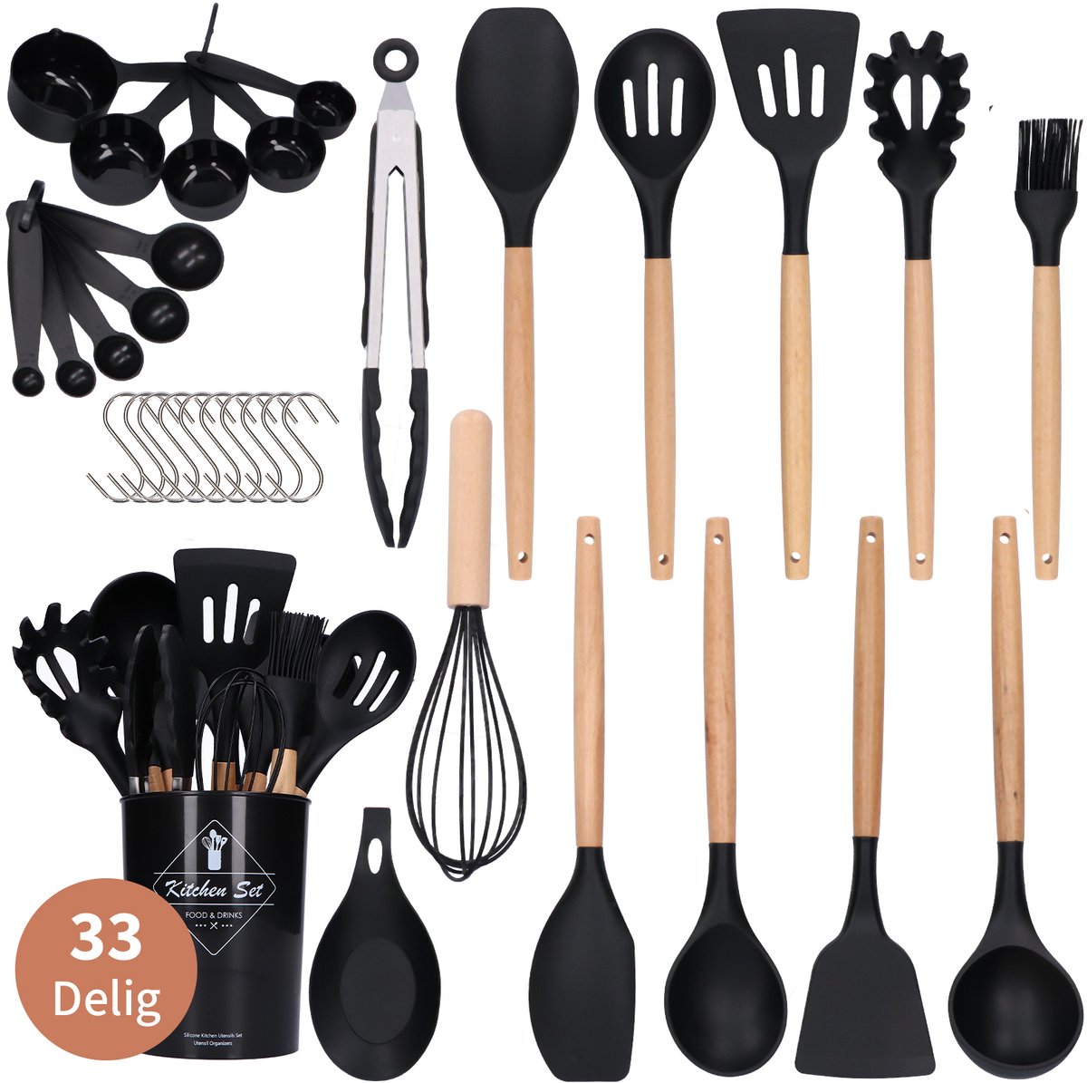 33-delige Keukengerei met Houder - Zwart - BPA vrij & Hitte Bestendig - Keukenset - Kookgerei