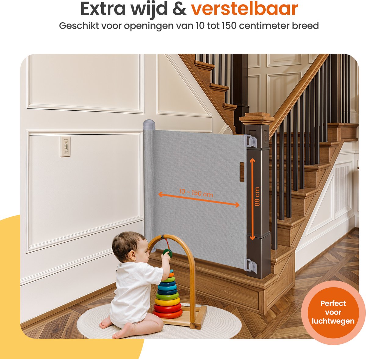 Barrière De Sécurité Rétractable Pour Bébé Et Chien - 150cm Large, 86cm Haut - Noire
