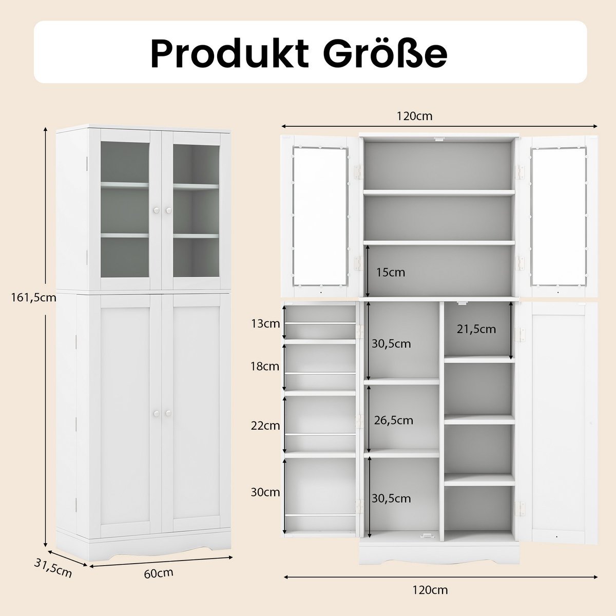 Costway Keukenkast van hout, hoge kast met glazen deuren, keukenbuffet, vrijstaand, multifunctioneel, met kantelbeveiliging, opbergkast voor keuken, eetkamer, woonkamer, 60 x 31,5 x 161,5 cm — cadeau in Cadeau-ideeën - foto 2