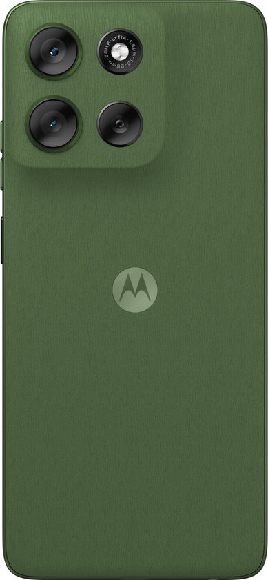 Groene Motorola telefoon met mat textuur en een vierkante cameramodule met 3 lenzen.