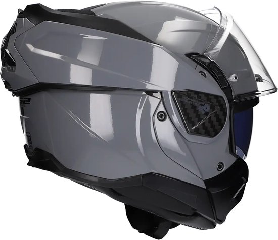 Grijze LS2 systeemhelm met carbon accenten, vizier en ventilatie. Maat S.