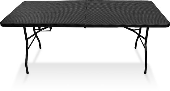Zwarte, rechthoekige klaptafel met zwart metalen onderstel.