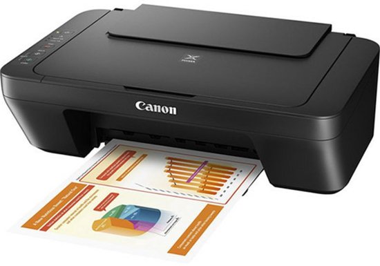 Zwarte Canon Pixma printer met papier dat uit de uitvoerlade komt.