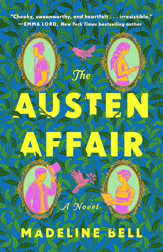 Boekcover met gouden ovalen portretten van vier figuren en roze vogels te midden van een groen gebladertepatroon. De titel 'The Austen Affair' is prominent weergegeven in gele letters.