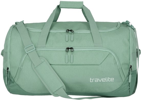 Sagegroene Travelite reistas met twee handvatten, een afneembare schouderband en diverse ritsvakken. De reistas heeft een contrasterende donkergroene onderkant.
