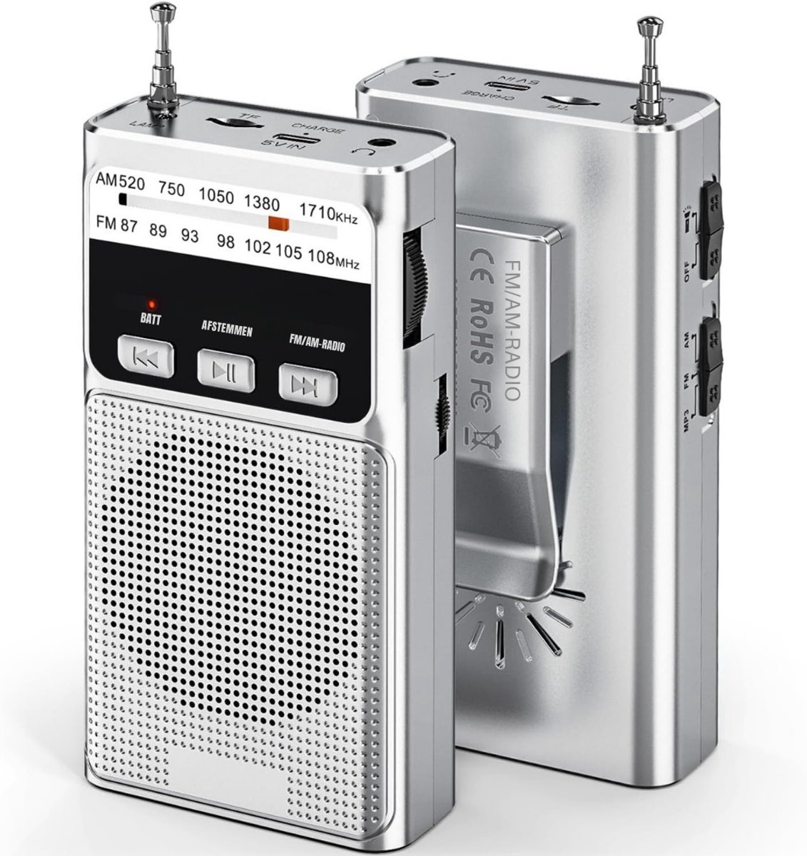 GTB® Transistor Radio Op Batterijen - Transistor Radio - Transistor Radio met Netvoeding - Zilver - 14cm x 8cm x 4cm