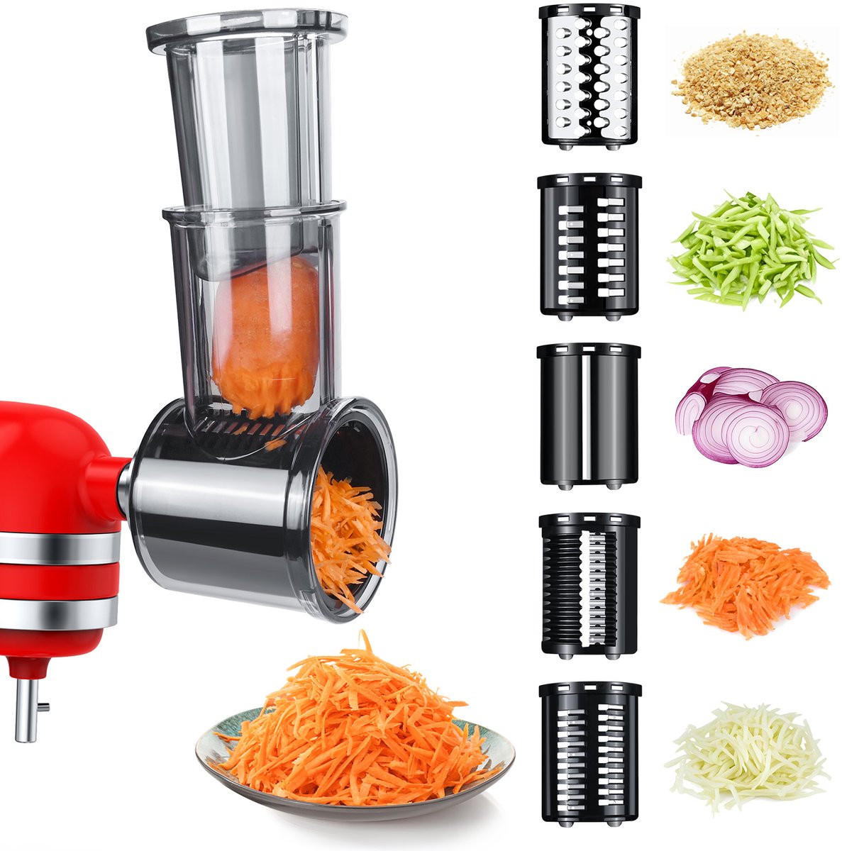 MMOBIEL Groentesnijder Accessoires voor KitchenAid Stand Mixer - Kaasrasp, Groentesnijder, Salade Maker – Snijmachine/Versnipperaar Rasp - Slicer Shredder Attachment voor KitchenAid met 5 Messen